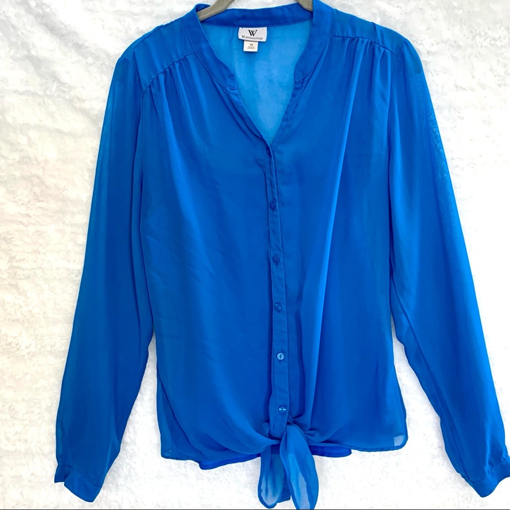 Worthington Royal Blue Tie Front Button Down Top